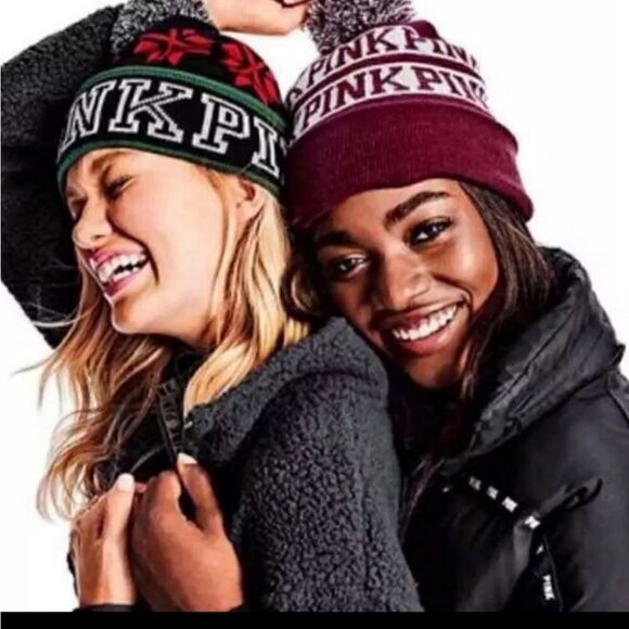 HP🥳 NWT PINK VICTORIA'S SECRET MAROON & WHITE  POM POM WINTER HAT - Picture 1 of 3